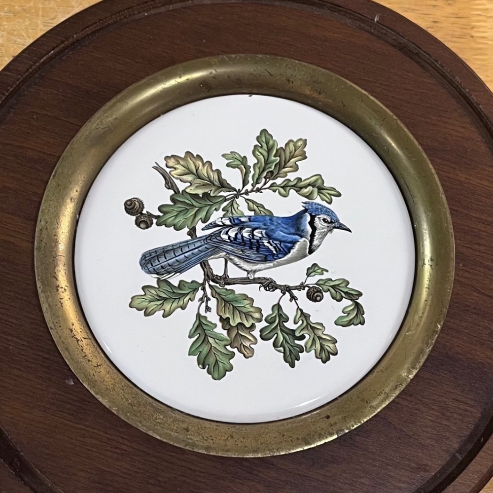 Vtg Solid Brass Blue Jay Bird Ceramic Tile Wall Hanging Decor 6in Made in USA